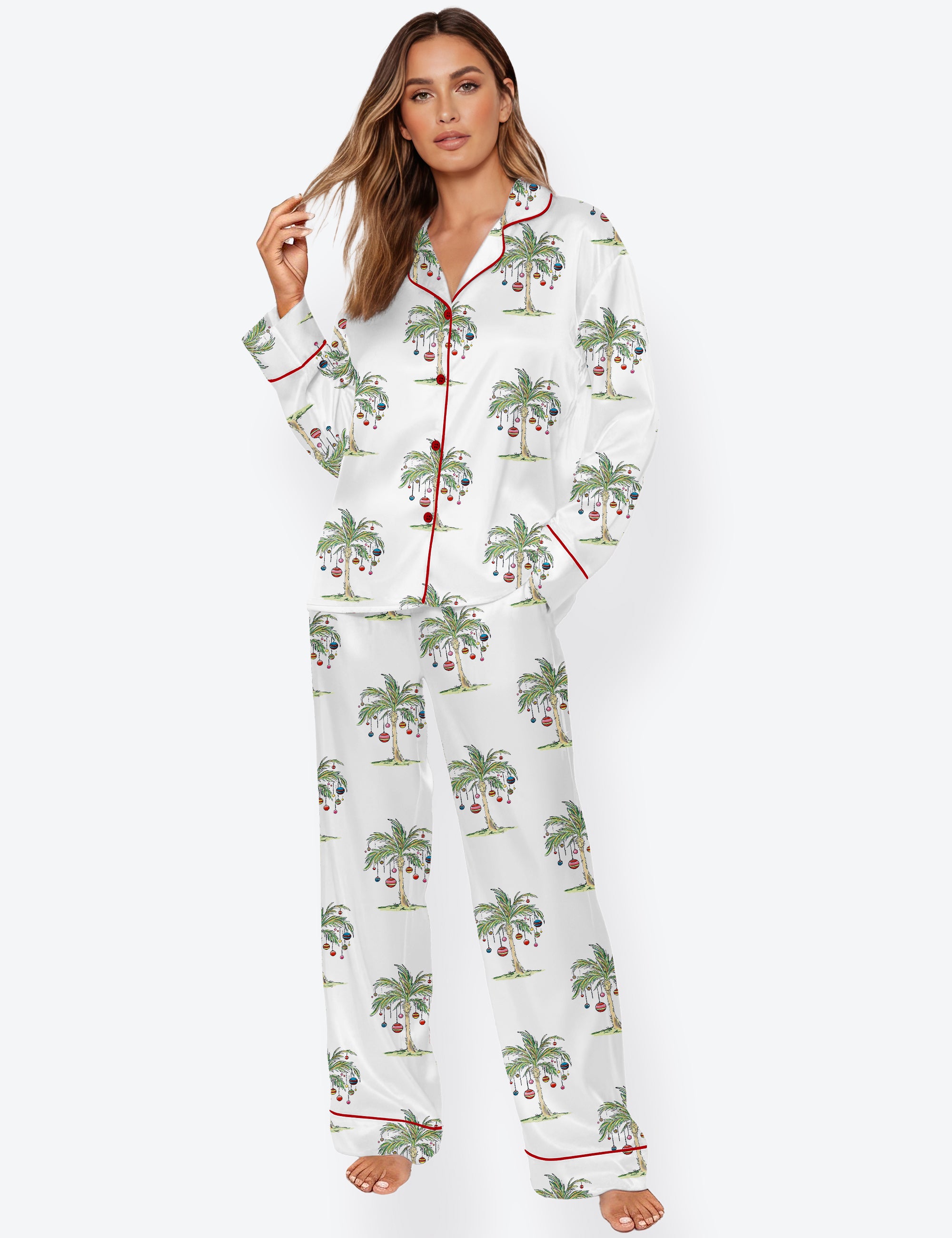 Women's Tropical Christmas Aloha Holiday Beach Santa In July Hawaiian Long Sleeve Satin Pajama Set